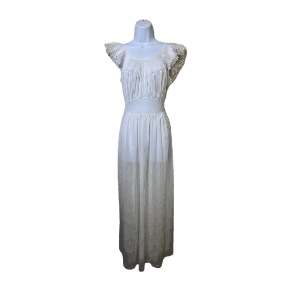 Vtg 1950s Vanity Fair Crystal Pleat Ruffle Long Nightgown Tricot Size 32 2-9-19
